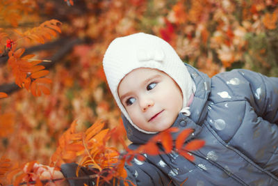 Smiling little girl walking in autumn park and holding branch of rowan with red leaves.