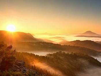 Autumn sunrise above above forest, fall colorful valley full of dense mist colored with hot sun rays