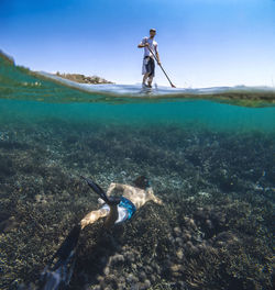 Young men snorkeling, underwater view