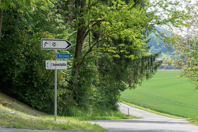 Road sign by trees
