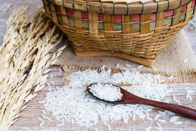 High angle view of wicker basket on table