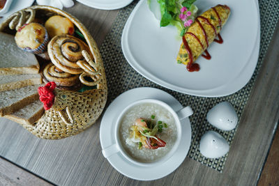 High angle view of food served on table