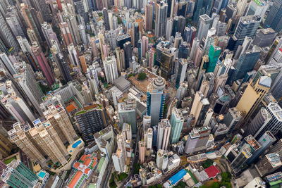 High angle view of modern buildings in city