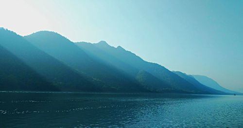 Scenic view of sea and mountains against clear sky
