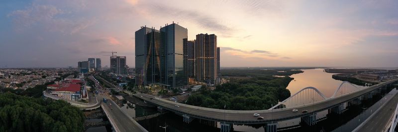 High angle view of buildings against sky during sunset