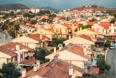 High angle view of residential buildings in city