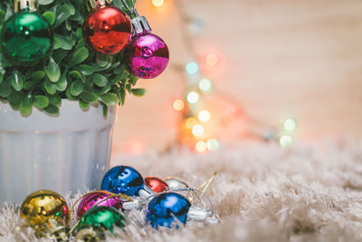 Close-up of christmas decoration on table