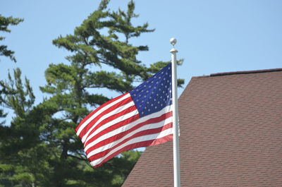 Close-up of american flag against trees