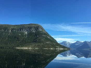 Scenic view of lake and mountains against blue sky