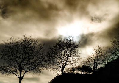 Silhouette of bare trees against cloudy sky