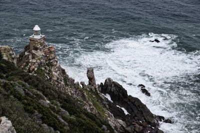 High angle view of rock formations on sea