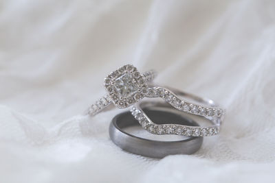 High angle view of wedding rings