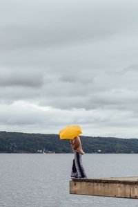 Rear view of woman with umbrella standing on riverbank