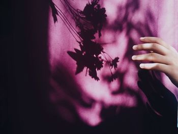 Cropped hand of person against purple textile