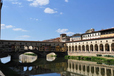 Arch bridge over river against sky in city