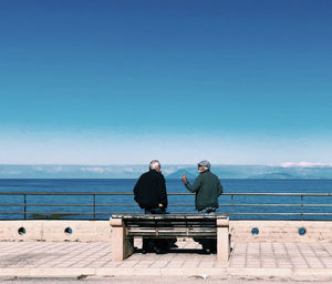 Rear view of men sitting on railing against sea