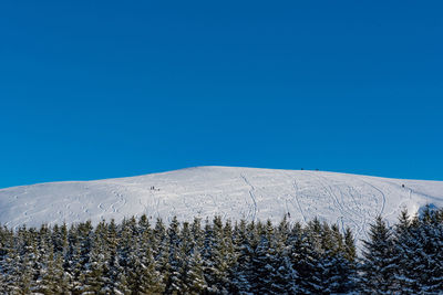 Scenic view of snowcapped mountains against clear blue sky