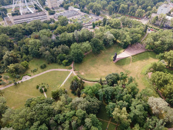 High angle view of road amidst trees