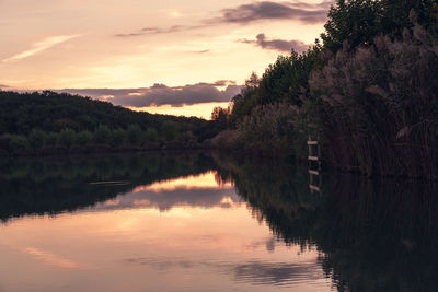 Scenic view of lake against sky at sunset