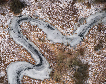 High angle view of snow on field