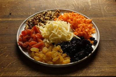 High angle view of food in plate on table