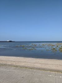 Scenic view of sea against clear blue sky