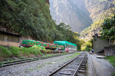 Train on railroad track against sky