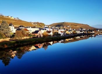 Scenic view of river by town against clear blue sky