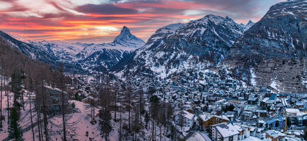 Aerial view on zermatt valley and matterhorn peak