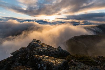 Scenic view of mountain against sky during sunset