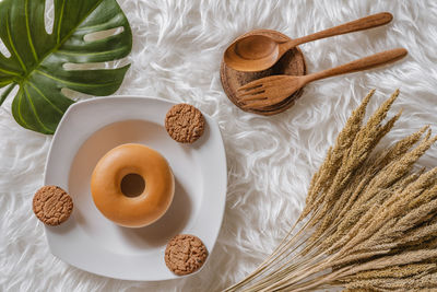 High angle view of breakfast on table