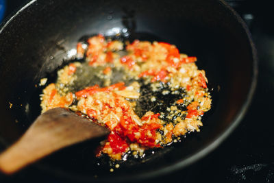 Close-up of meat in cooking pan