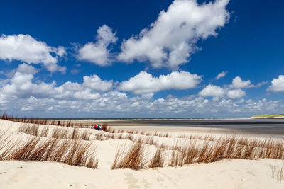 Scenic view of beach against cloudy sky