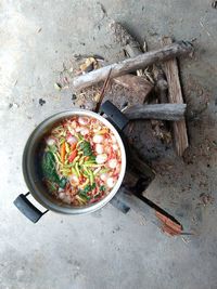 High angle view of soup in bowl