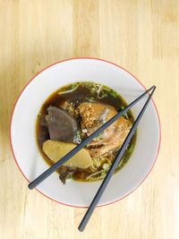 High angle view of soup in bowl on table