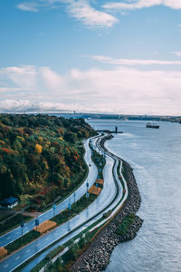 High angle view of roads by river against sky