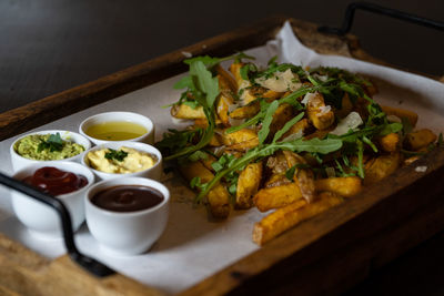 High angle view of food in plate