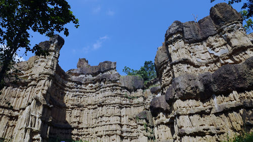 Low angle view of rock formation amidst buildings against sky