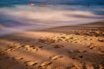 Footprints on sand at beach against sky