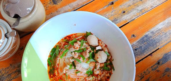 High angle view of breakfast served on table