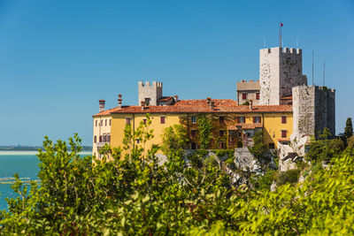 Plants by old building against clear blue sky