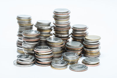 High angle view of coins