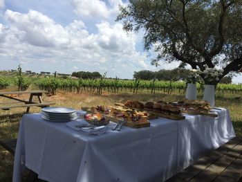 Food on table against sky