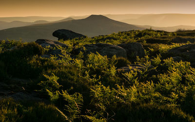 Scenic view of mountains against sky during sunset