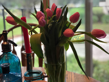 Close-up of flower vase against window
