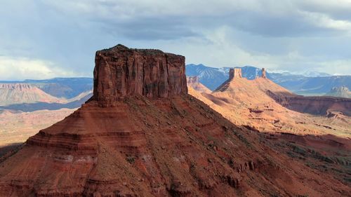 Scenic view of rock formations against cloudy sky