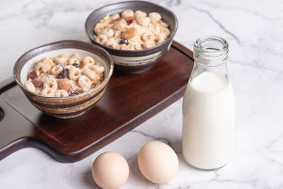 High angle view of breakfast on table