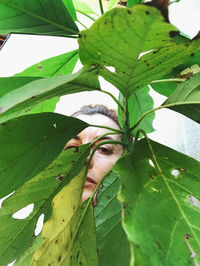 Close-up portrait of young woman with leaves