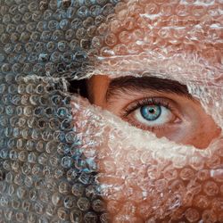 Close-up portrait of boy peeking through hole in bubble wrap
