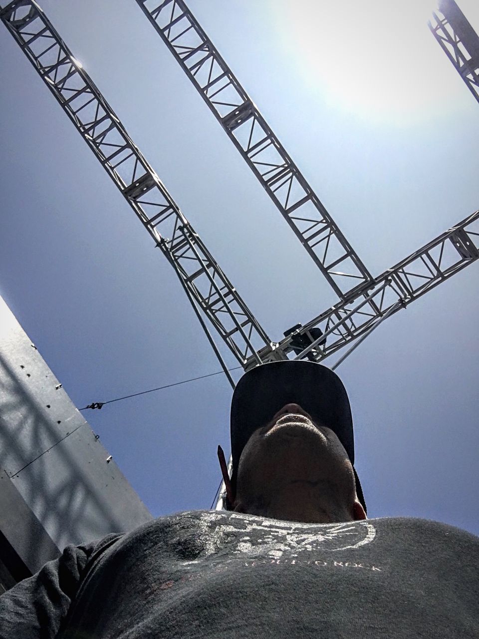 low angle view, sky, architecture, machinery, metal, nature, construction industry, built structure, industry, day, construction site, outdoors, development, real people, clear sky, crane - construction machinery, connection, history, construction equipment